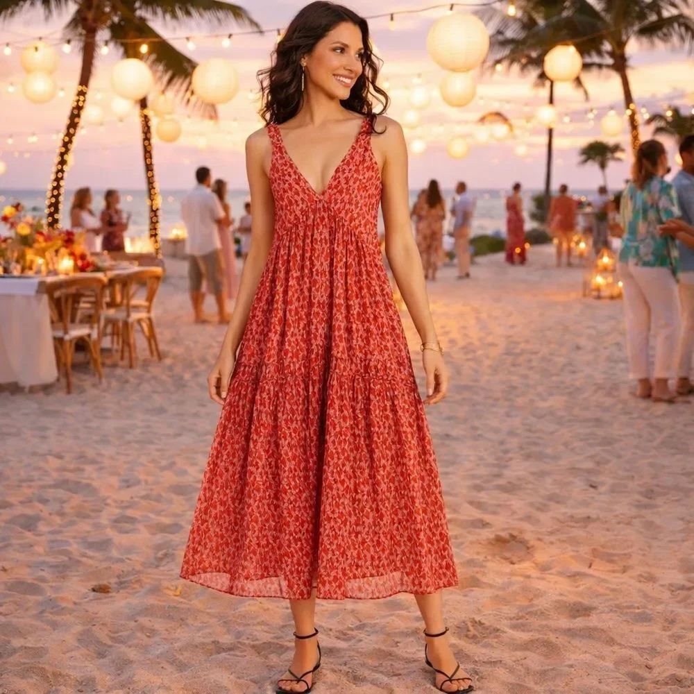 Joie Dress Sleeveless Tiered Lined Cotton Print Orange Lightweight Midi Maxi S